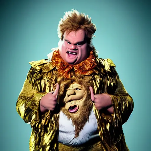 Image similar to snl chris farley as the cowardly lion of oz, studio poster photography, trending on artstation, featured on deviantart, award winning costume