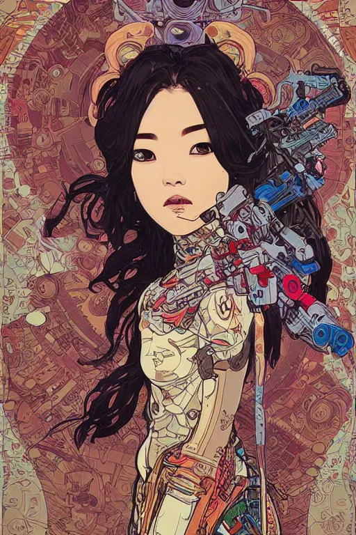 Image similar to beautiful cyborg portrait girl female illustration detailed patterns art of thai traditional dress, pop art, splash painting, art by geof darrow, ashley wood, alphonse mucha, makoto shinkai