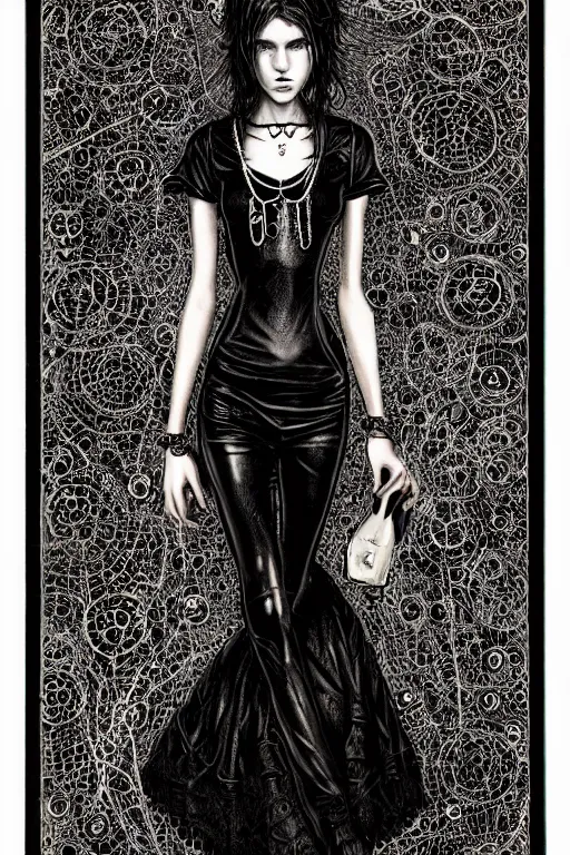 Image similar to dreamy gothic girl, black leather slim clothes, chain on her neck, beautiful body, detailed acrylic, grunge, intricate complexity, by dan mumford and by alberto giacometti, peter lindbergh