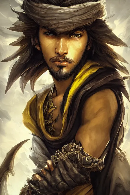 Image similar to portrait of young wild arabian nomad half werewolf, with yellow cloths, league of legends splash art, castlevania, hearthstone splash art, full body shot, rule of thirds, ultrafine hyperrealistic detailed face, artgerm, greg rutkowski, trending on artstation, 8 k, intricately detailed, highly detailed