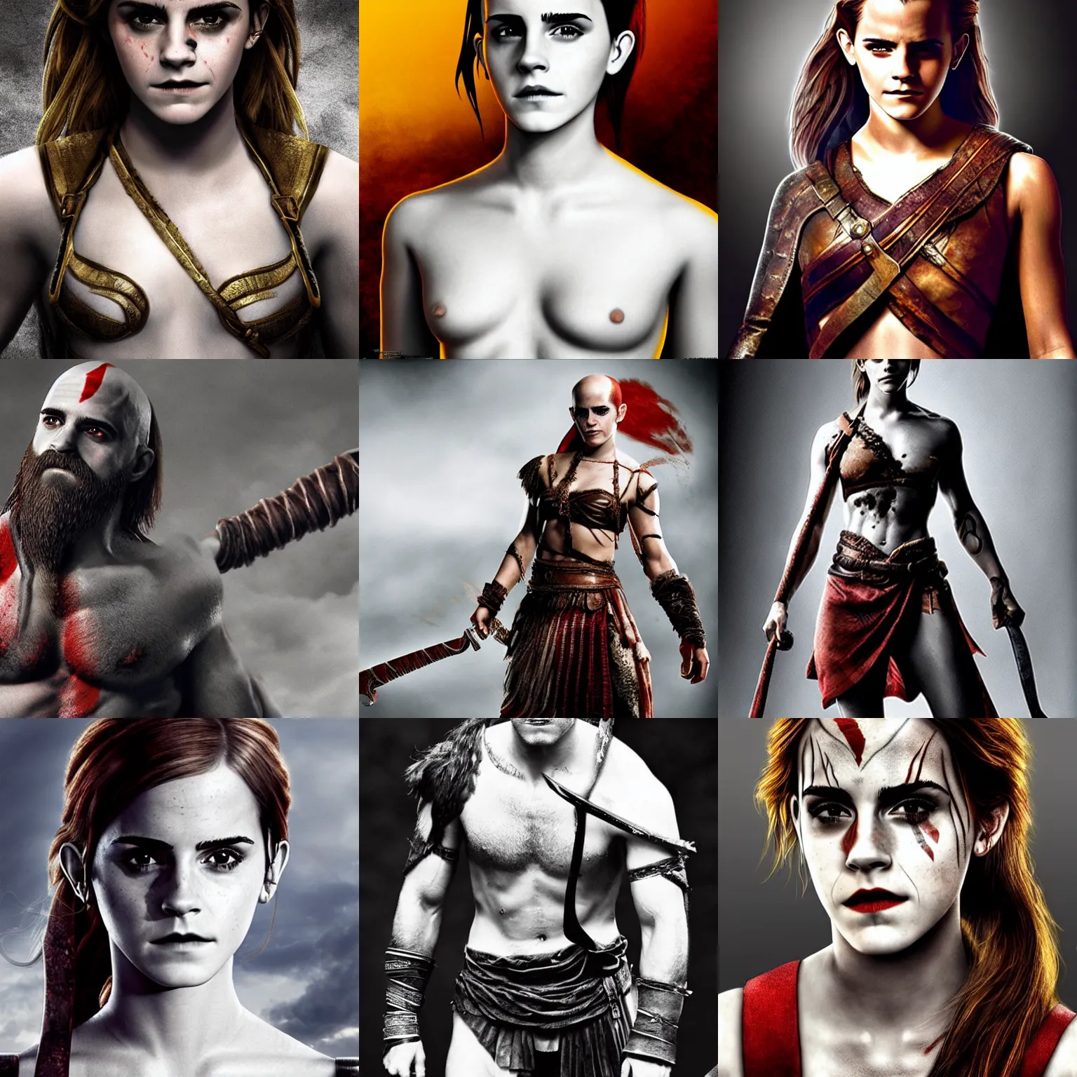 Image similar to Emma Watson as Kratos, brutal, portrait