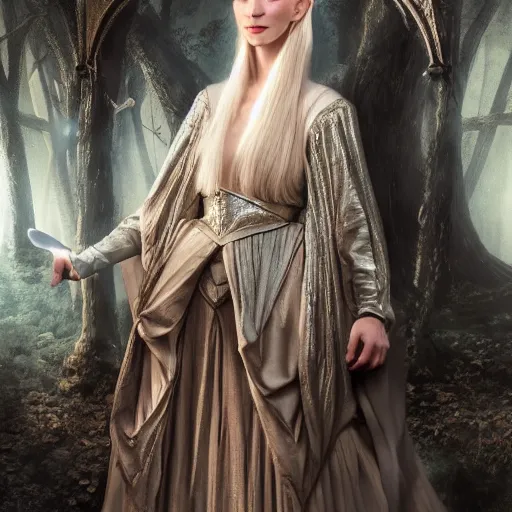 Prompt: portrait of dangerous, playful, mischievous young Galadriel (similar to Cate Blanchett) as a queen of elves, dressed in a refined silvery garment. The background is a dark, chilling eastern europen forrest. night, horroristic shadows, higher contrasts, (((lumnious))), theatrical, character concept art by ruan jia, thomas kinkade, and J.Dickenson, trending on Pinterest