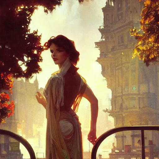 Image similar to a young vivian leigh, city background, dramatic lighting, high detail, painted, by greg rutkowski, painted by stanley artgerm, painted by alphonse mucha, trending on artstation