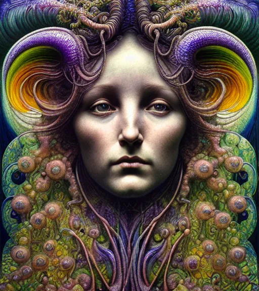 Prompt: detailed realistic beautiful rainbow goddess face portrait by jean delville, gustave dore, iris van herpen and marco mazzoni, art forms of nature by ernst haeckel, art nouveau, symbolist, visionary, gothic, neo - gothic, pre - raphaelite, fractal lace, intricate alien botanicals, biodiversity, surreality, hyperdetailed ultrasharp octane render