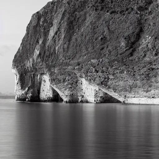 Prompt: black and white crystal cliffs surrounding an island, viewed from the ocean, high quality digital art h-1024 w-512-n 9