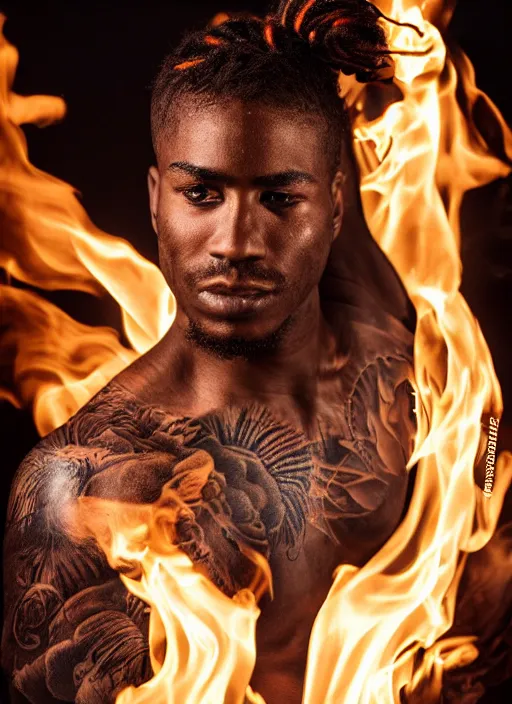 Image similar to Realistic Black man with fire tattoos, Dreadlock hair, city background, artistic pose, light atmosphere, cinematic shot, intricate, ornate, photorealistic, ultra detailed, realistic, 100mm, photography, octane, high definition, depth of field, bokeh, 8k, artstation