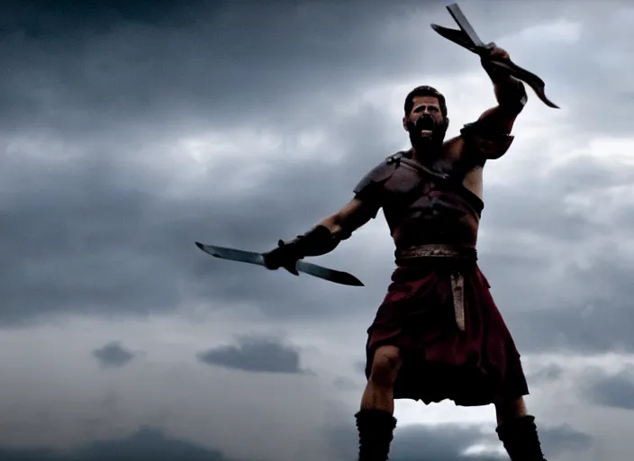 Image similar to cinematic film still of joe biden as leonidas shouting in 3 0 0 movie, 8 k, epic moody sky, dramatic lighting