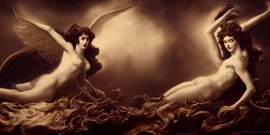 Prompt: Angels and demons, by Rolf Armstrong and Evelyn De Morgan and Bastien Lecouffe-Deharme, dramatic lighting, high contrast colors, baroque, empyrean, panoramic view, as trending on Artstation, highly detailed, doom engine,