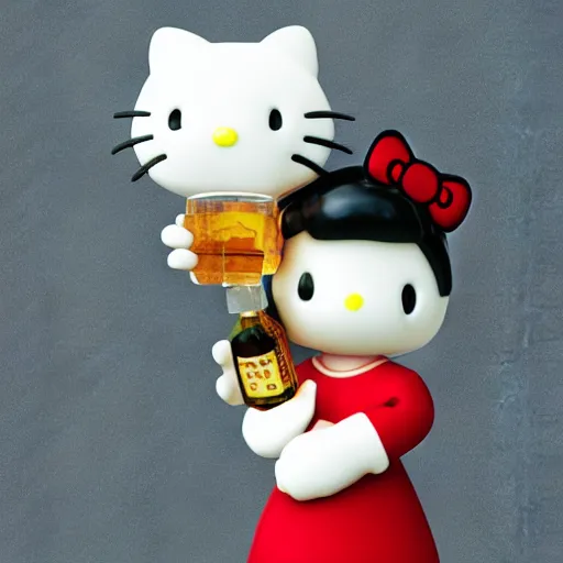 Image similar to a 3d render of hello kitty holding a bottle of whiskey, artstation, by makoto shinkai