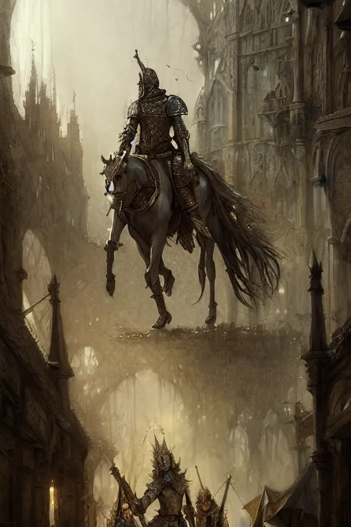 Image similar to medieval parade of knights, holiday, by wlop, by luis royo, by peter mohrbacher, concept art, digital illustration, intricate, masterpiece, elegant, super detailed, unreal engine rendering, smooth, sharp focus, artstation hq