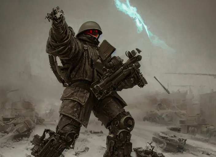 Image similar to demonic t - 8 0 0 terminator in world war two eastern front setting, dieselpunk, winter concept art, artstation, stephen bliss, unreal engine, art by greg rutkowski, loish, rhads, ferdinand knab, makoto shinkai and lois van baarle, pixar, rossdraws, tom bagshaw, global illumination, radiant light, detailed and intricate environment