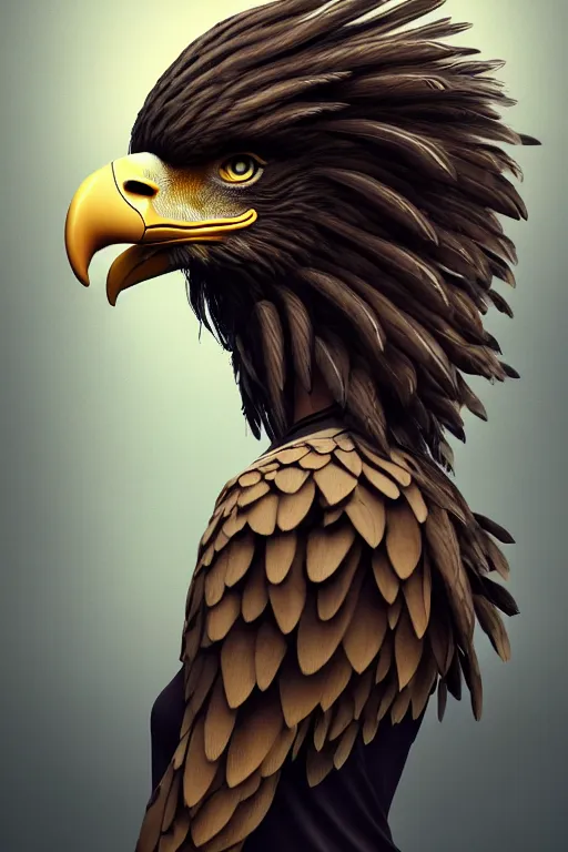 Image similar to epic professional digital portrait of female anthropomorphic human - eagle hybrid, wearing human air force jumpsuit, humanoid feathered head, eagle beak, by lisa roet, leesha hannigan, wayne haag, iris van herpen, artstation, cgsociety, epic, much wow, much detail, gorgeous, detailed, cinematic, masterpiece