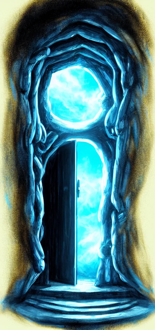 Prompt: The portal into his imagination. High concept art. Introspective. Blue black gold themed.