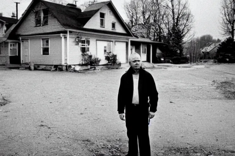 Image similar to cinematic film still from 1994 film: Farkas Bulkmeier standing near a house. XF IQ4, f/1.4, ISO 200, 1/160s, 8K, RAW, dramatic lighting, symmetrical balance, in-frame