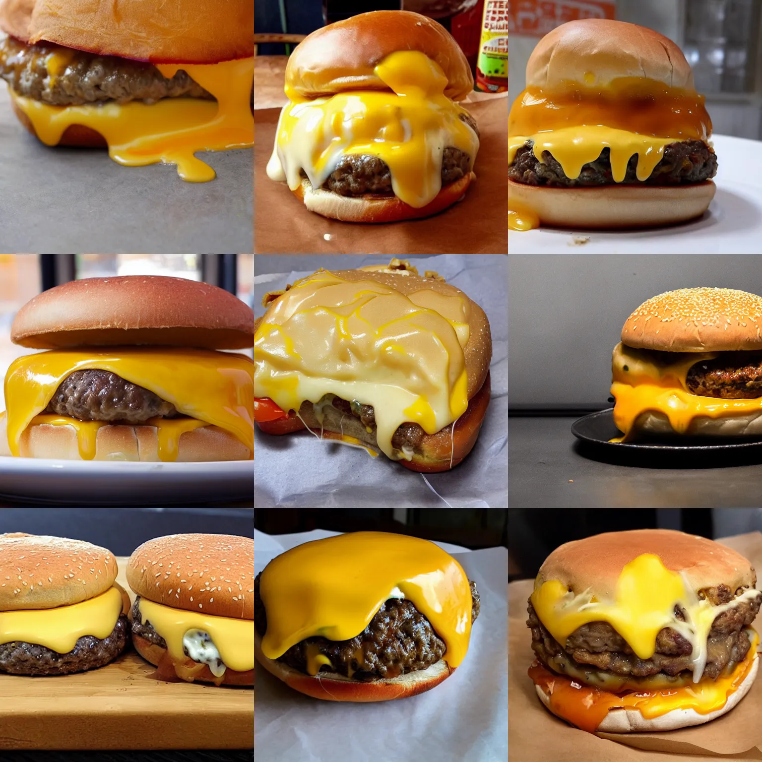 Image similar to cheeseburger with too much melted cheese, gooey cheese, overflowing cheese, cheese everywhere, puddle of cheese