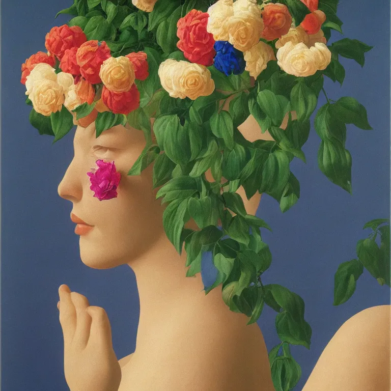 Image similar to portrait of a woman, face hidden by beautiful flower bouquet, by rene magritte, detailed painting, hd, hq, high resolution, high detail, 4 k, 8 k