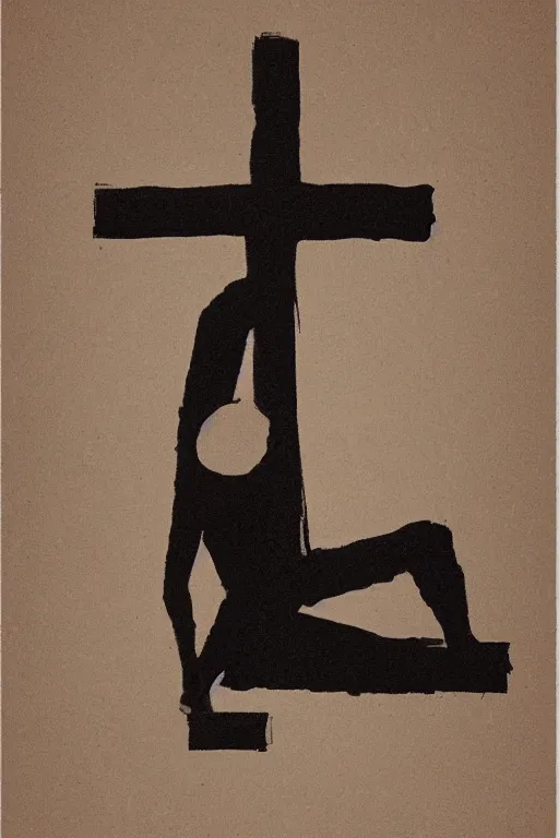 Image similar to man kneeling on the ground in front of a wooden cross, 1960’s minimalist advertising illustration, painterly, expressive brush strokes