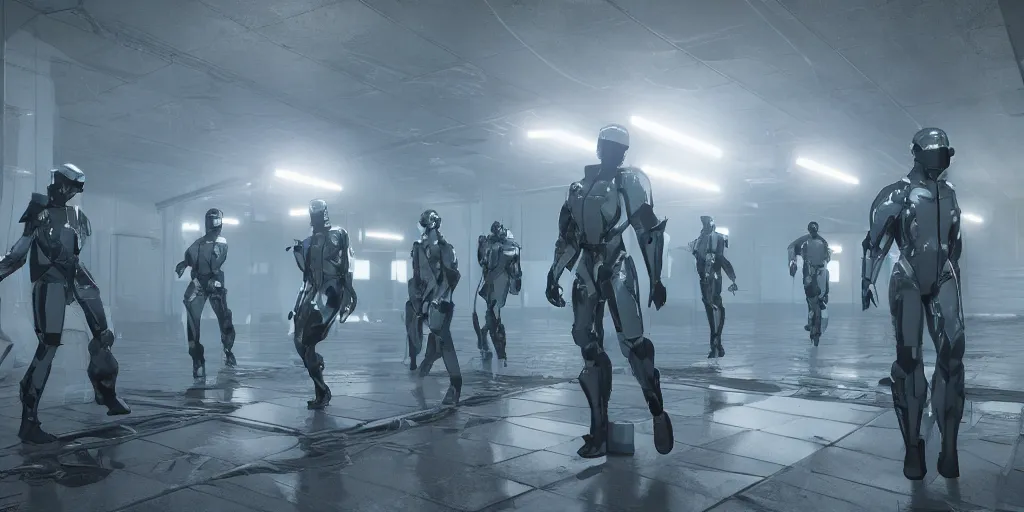 Image similar to sci - fi squad in wet cloaks, infiltrating on the ceiling at midnight storm, lightning, unreal engine 5