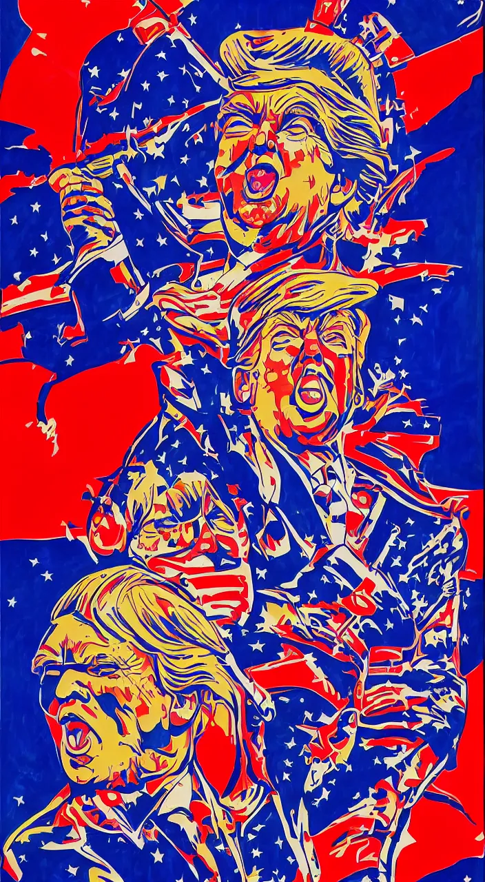 Prompt: donald trump american patriot apotheosis in the style of syd mead and alex grey and lisa frank