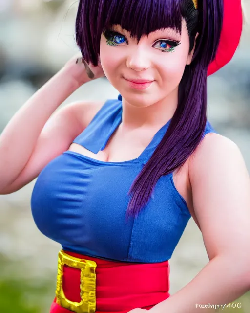 Image similar to Beautiful close highly detailed portrait of a Bulma from DBZ cosplayer in her iconic signature main outfit. Award-winning photography. XF IQ4, 150MP, 50mm, f/1.4, ISO 200, 1/160s, natural light, rule of thirds, symmetrical balance, depth layering, polarizing filter, Sense of Depth, AI enhanced