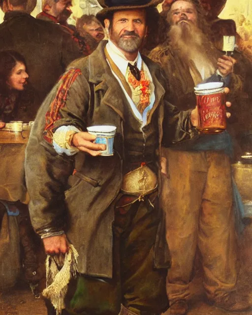 Image similar to a painting of mel gibson holding a mug of beer at the oktoberfest, a detailed painting by konstantin makovsky and by jan matejko and by nikolay makovsky, shutterstock contest winner, german romanticism, detailed painting, oil on canvas, wimmelbilder