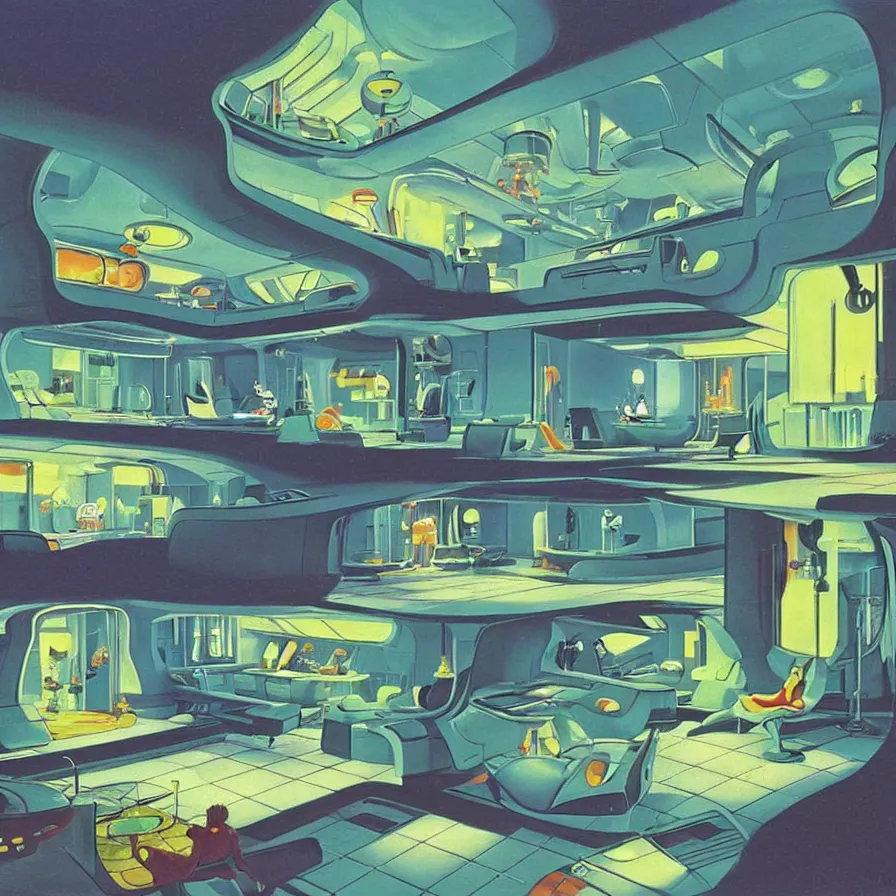 Image similar to concept art of jetsons cartoon indoor scenario of a futuristic house, painted by tim white