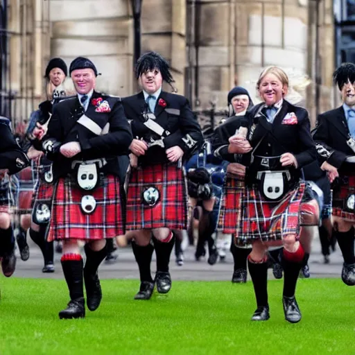 Prompt: English death squads lead by Liz Truss storm Edinburgh with Scottish people in kilts running in fear hyperrealistic 4k