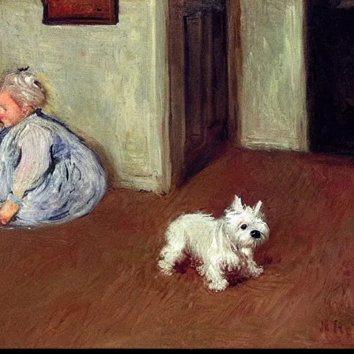 Prompt: a westie dog throwing up on the floor of a living room while a family watches by monet