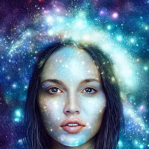 Image similar to woman portrait made out of galaxies, highly detailed, beautiful, realistic, epic comic book art, improbable, octane render