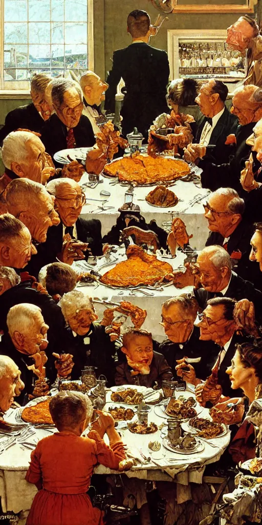 Image similar to the mars rover eating thanksgiving dinner at the head of the table norman rockwell painting