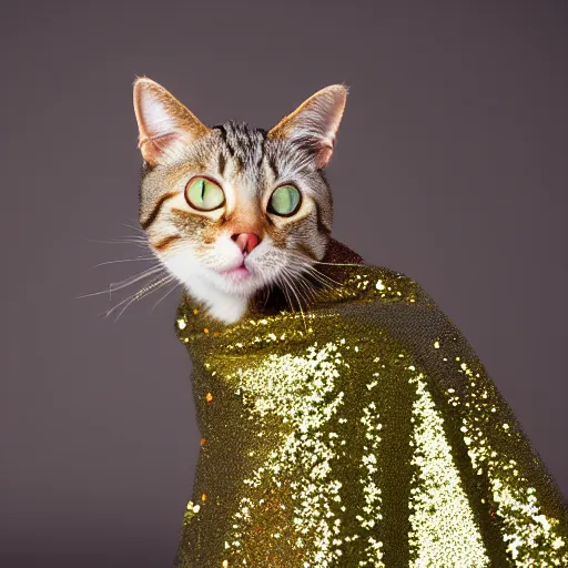 Prompt: a photo of a cat wearing a sequined cape, hyperrealistic, textured, animal portrait, f 2. 8