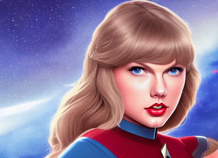 Image similar to a disney film still of taylor swift as a star trek officer, finely detailed features, closeup of the face, perfect art, dusk, blue hour, gapmoe yandere grimdark, trending on pixiv fanbox, painted by greg rutkowski, makoto shinkai, takashi takeuchi, alphonse mucha, akihiko yoshida