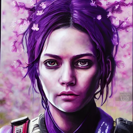 Image similar to an epic fantastic realism comic book style portrait painting of a purple - eyed girl, cherry blossom rain everywhere, apex legends,