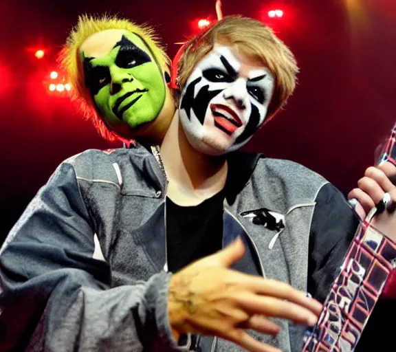 Prompt: color still shot of justin bieber lead singer performing in music group insane clown posse, face closeup