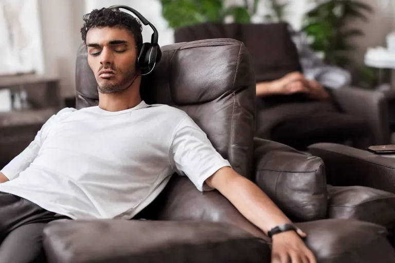 Image similar to a man that is deep in thought is wearing a white t - shirt and black sweat pants and wearing over the ear headphones is sitting in a brown leather reclining chair in a living room