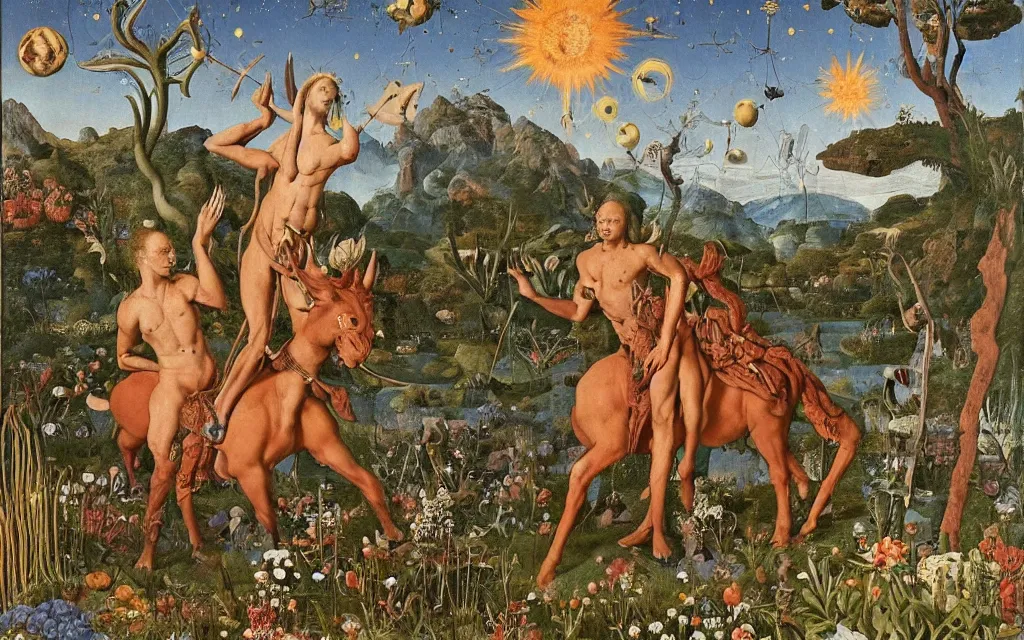 Image similar to a portrait photograph of a meditating satyr and a centaur monk riding a rocket machine and hunting at a river delta. surrounded by bulbous flowers and trees. mountain range under a blue sky of fiery stars. by jan van eyck, max ernst, ernst haeckel, ernst fuchs and artgerm, cgsociety, fashion editorial, 8 k