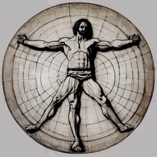 Prompt: Michael Jordan as the Vitruvian Man by leonardo da vinci, detailed, 8k, realistic, intricate blueprint in the style of Franz Xaver Winterhalter