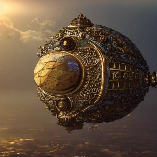 Prompt: enormous flying city in a faberge egg, sky, steampunk, fantasy art, masterpiece, unreal engine, intricate, intricate, intricate, detailed