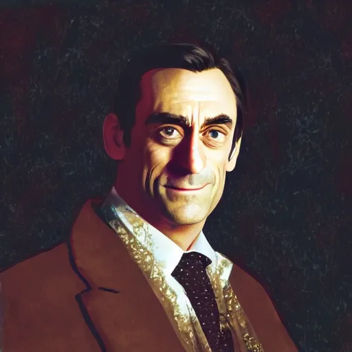 Prompt: happy John Hamm in golden evening light in the style of Gainsborough