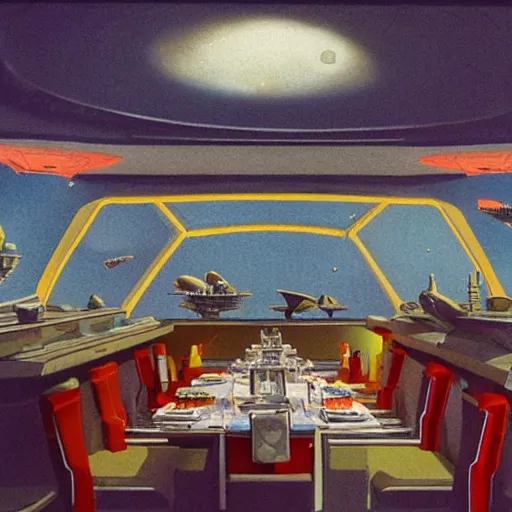 Prompt: interior view of the restaurant at the end of the universe, fine dining, by Chris Foss