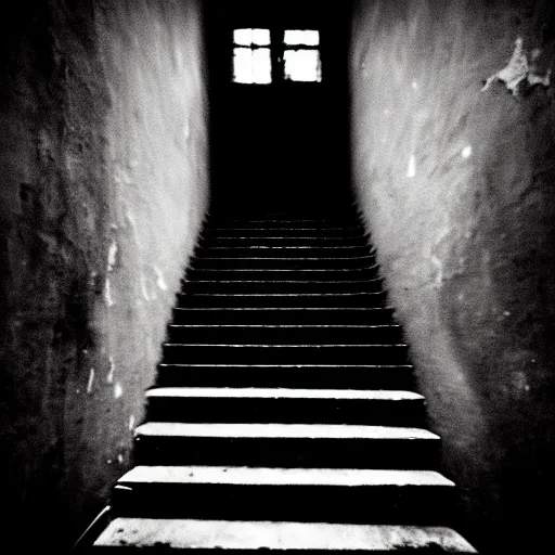 Image similar to grainy photograph of a dark and dilapidated staircase, positioned at the bottom step looking up the staircase, a ghost that looks like 2 1 savage in the darkness at the top of the stairs