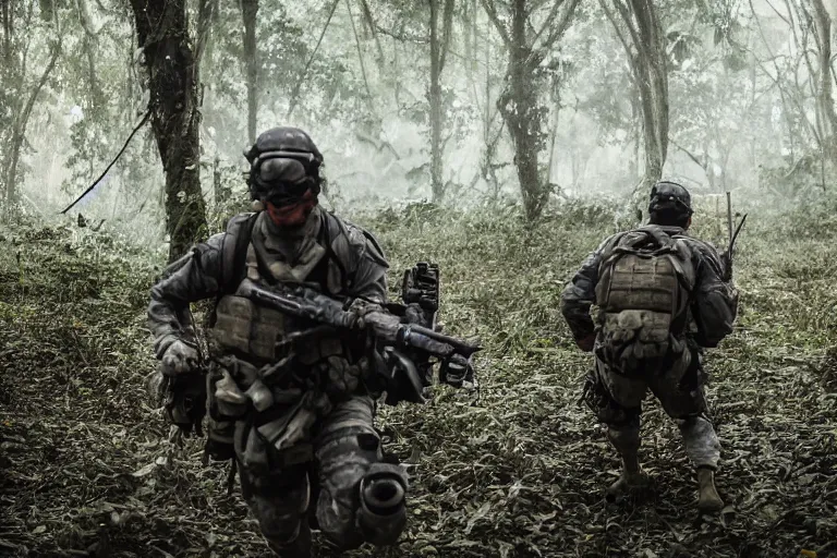 Image similar to Mercenary Special Forces soldiers in grey uniforms with black armored vest in a battlefield in the jungles 2022, Canon EOS R3, f/1.4, ISO 200, 1/160s, 8K, RAW, unedited, symmetrical balance, in-frame, combat photography