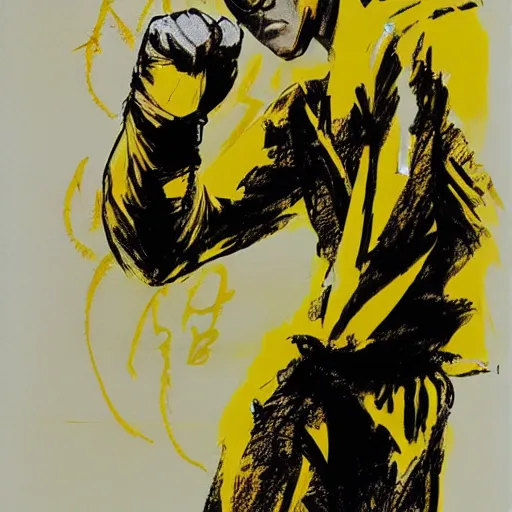 Image similar to Bruce Lee wearing a yellow jumpsuit by Yoji Shinkawa and Ashley Wood