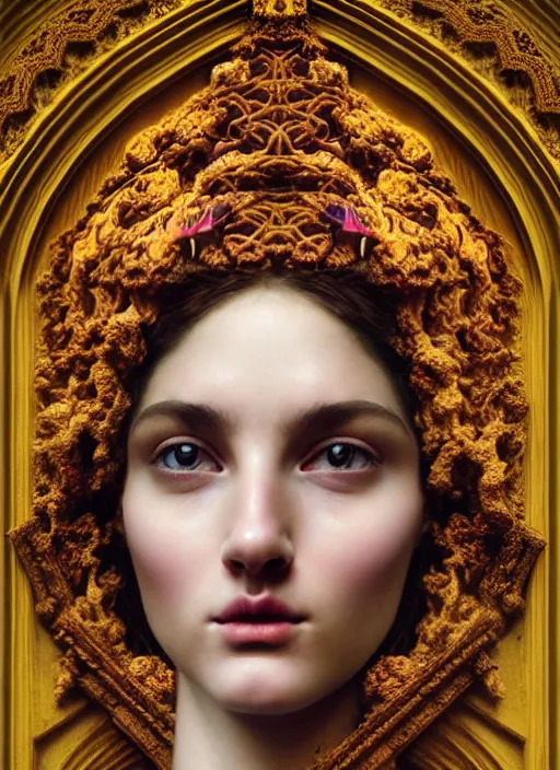 Image similar to portrait of a beautiful young goddess' face merging with a cathedral building, unusual beauty, etheric, outworldly colours, emotionally evoking symbolic metaphors, head in focus, fantasy, ornamental, intricate, elegant, highly detailed painting atyle photo, artstation, concept art, painterly, golden ratio, sharp focus, illustration, art by John William Godward and Zdzisław Beksiński, Antonio Mora,