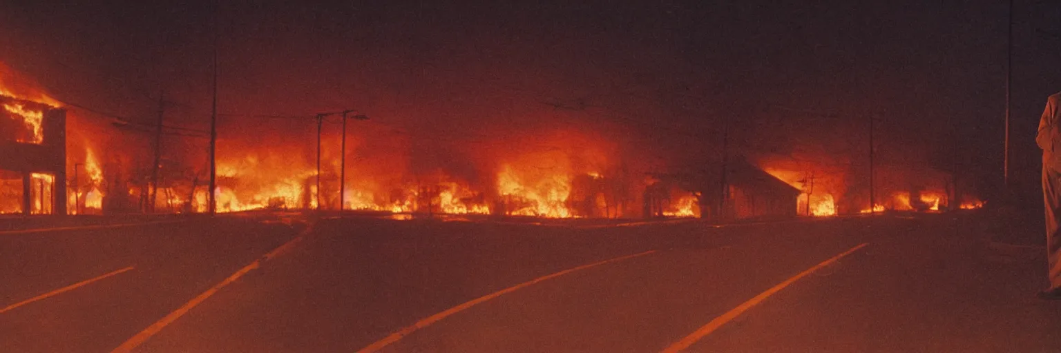 Prompt: 3 5 mm medium format photo, cinema still from david lynch movie, sleazy man watching night streets while a single house burns in the background of suburbia, haze, americana, high production value, 8 k resolution, hyperrealistic, hdr, photorealistic, high definition, high details, tehnicolor, award - winning photography, masterpiece, amazing colors