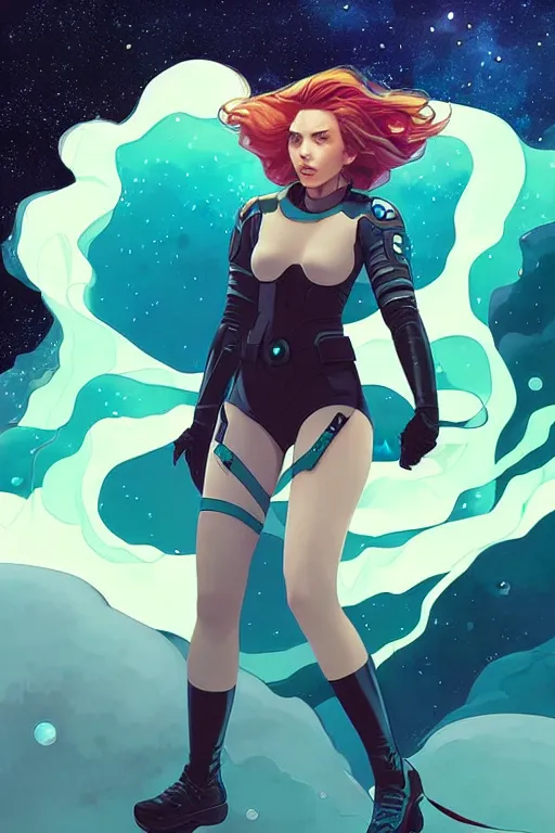 Prompt: style artgerm, joshua middleton, illustration, scarlett johansson as space astronaut wearing green pelt light armor, anime eyes, blue hair, swirling water cosmos, fantasy, dnd, cinematic lighting