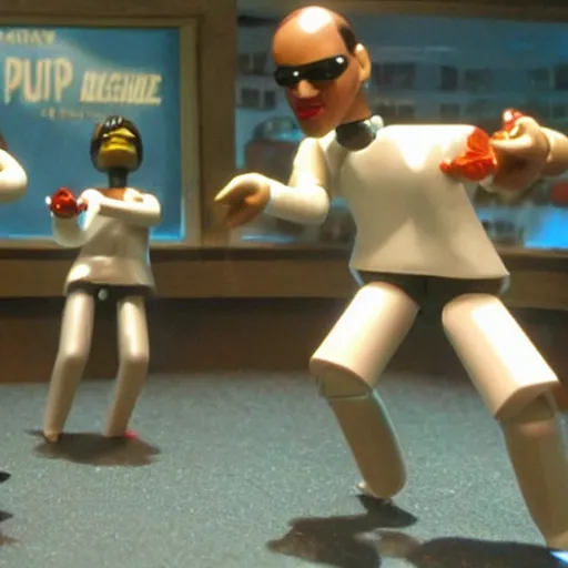 Prompt: dancing scene from pulp fiction recreated in robot chicken