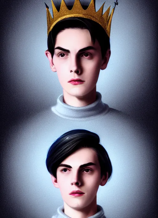 Image similar to portrait of teenage jughead jones wearing a light grey crown, crown, blue turtleneck, 1 9 5 0 s, closed eyes, photorealistic, black hair, glowing lighting, intricate, elegant, glowing lights, highly detailed, digital painting, artstation, concept art, smooth, sharp focus, illustration, art by wlop, mars ravelo and greg rutkowski