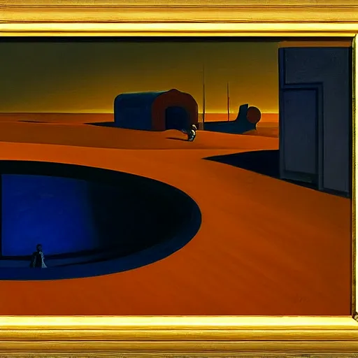 Prompt: refuge on arrakis, pj crook, grant wood, edward hopper, syd mead, chiaroscuro, oil on canvas