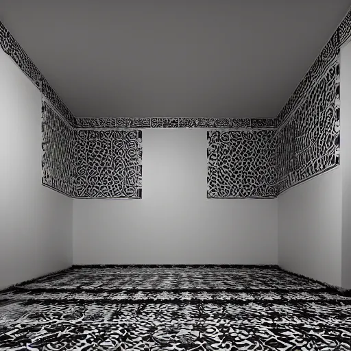 Prompt: photo of invisible ceramic tiles arranged in intricately shaped patterns in a black room by Sparth and Jeff Simpson and ,photo,photo real,octane render,vray,ambient occlusion,no lighting, in a black room